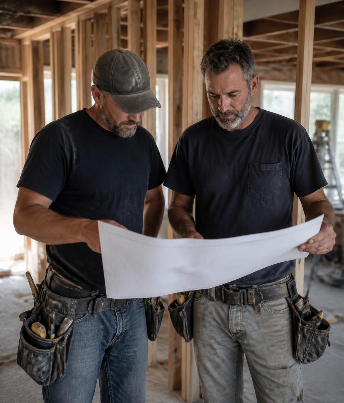 Professional remodeling contractors reviewing project plans inside a home under renovation